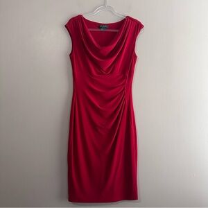 Lauren Ralph Lauren Red Cowl Neck Classic Stretch Sheath Midi Dress Womens 10
